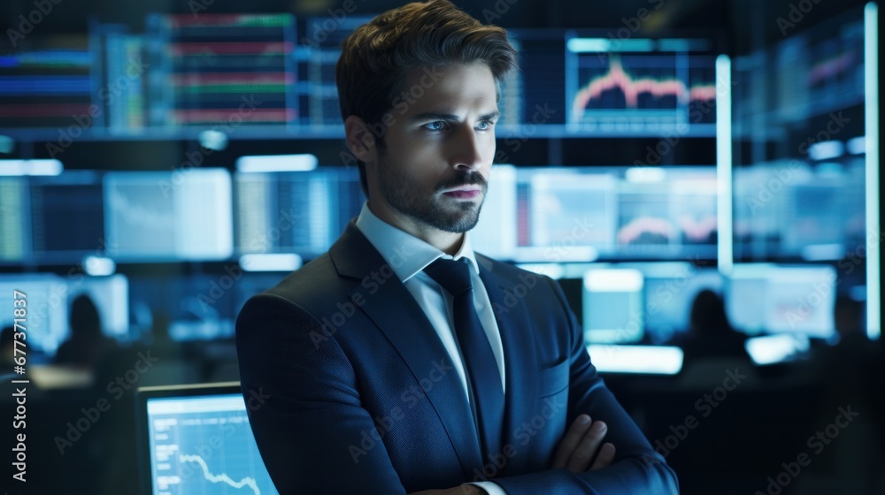 Poster a man in a suit standing in front of a computer screen, focused and engaged in his work.