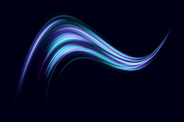 Blue light trail, wave speed, trace line twirl. Abstract light lines of movement and speed with white color glitters