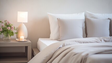 A bed with white pillows and a vase of flowers, creating a serene and inviting atmosphere.