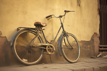 Vintage bicycle leaning against a wall