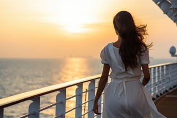 Fototapeta premium Back view of a graceful lady on cruise ship. Vacation travel concept.