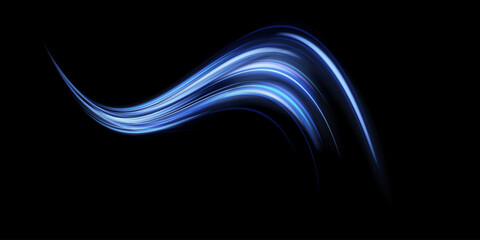 Blue light trail, wave speed, trace line twirl. Abstract light lines of movement and speed with white color glitters