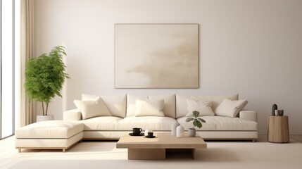 Fototapeta na wymiar A contemporary living room with white furniture and a painting on the wall.