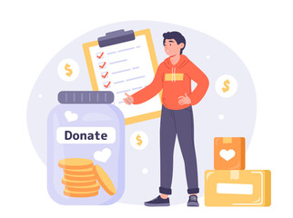 Charitable donate concept. Man near glass with golden coins. Activist and volunteers of fund. Generosity and kindness. Cartoon flat vector illustration isolated on white background