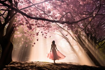 Graceful woman with long skirt walking in foggy beautiful blooming cherry blossom woods with pink petals in air and on ground in Spring. Spring seasonal concept.
