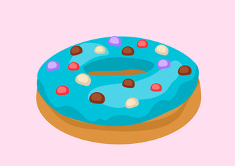 Donut with glaze with sprinkles. Dessert and delicacy for holiday and festival. Gourmet sweet product. Graphic element for website. Cartoon flat vector illustration isolated on pink background