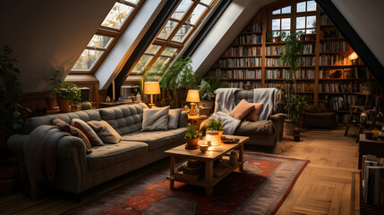 Fototapeta na wymiar Cozy living room interior with library, vintage aesthetic, plants in flower pots and hardwood floors.