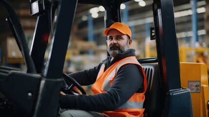A man in an orange jacket and vest drives a forklift transporting supplies in a warehouse. - Powered by Adobe
