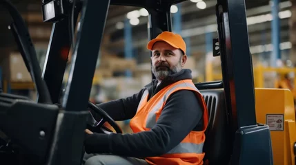 Foto op Canvas A man in an orange jacket and vest drives a forklift transporting supplies in a warehouse. © OKAN