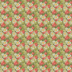 Pattern of tulips and daisies on a green background.Seamless floral pattern, red, pink tulips, white daisies on a green background.