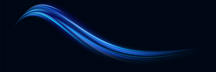 Blue light trail, wave speed, trace line twirl. Abstract light lines of movement and speed with white color glitters