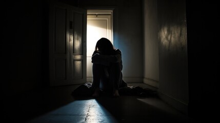 A woman sitting in an empty room, illuminated by the light streaming in from the open door.
