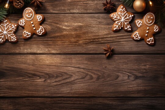 Human shaped gingerbread biscuit on wood board background for holiday season. Winter seasonal concept.