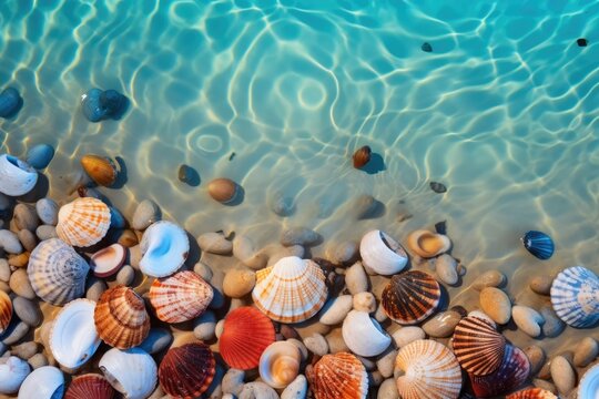 Close-up view of colorful shells in sea water. Summer tropical vacation concept.