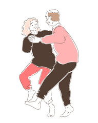 Elderly couples dancing doodle. Active lifestyle and leisure. Grandmother and grandfather dance. Graphic element for website. Cartoon flat vector illustration isolated on white background