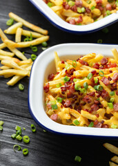Crispy French fries loaded with bacon, cheese sauce and spring onion