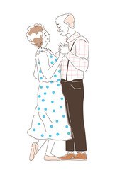 Elderly couples dancing doodle. Active lifestyle and leisure. Party and event. Sticker for social networks and messengers. Cartoon flat vector illustration isolated on white background