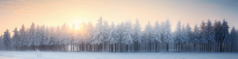 Foggy winter forest with snow at sunrise panorama. Winter seasonal concept.