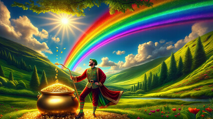 A man in traditional attire beside a gold pot at a rainbow's end in a lush valley, radiating joy and luck.Generative AI