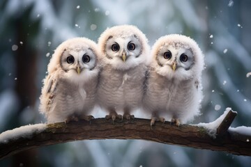 Three lovely cute owl stand together on tree in Winter with snow. - obrazy, fototapety, plakaty