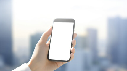 Smartphone held in hand against city backdrop.