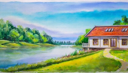 Colorful bungalow house by the lake painting in watercolor style.