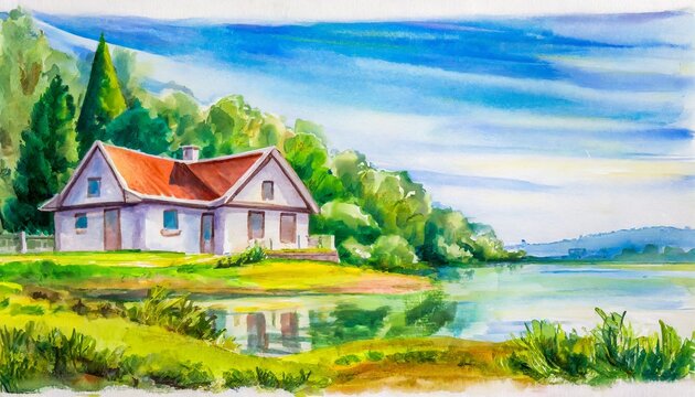 Colorful bungalow house by the lake painting in watercolor style.