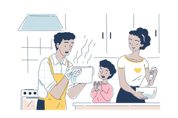 Family cooks at home doodle concept. Man and woman with son. Routine and household chores. Preparation of soups. Poster or banner. Cartoon flat vector illustration isolated on white background