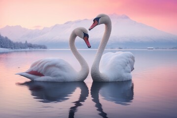 Two swan in lake in winter with snow at sunrise. - obrazy, fototapety, plakaty