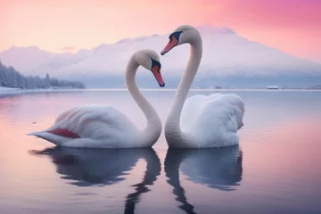Fotobehang Two swan in lake in winter with snow at sunrise. © rabbit75_fot