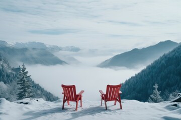Two red chairs on mountain top with fog snow and ice. Winter seasonal concept.