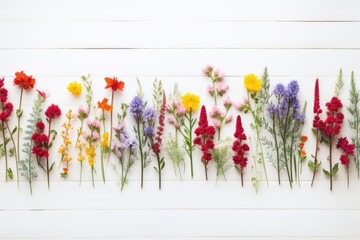 Wild flower collected with variable colors on wood background in Spring. Space for text. Spring seasonal concept.