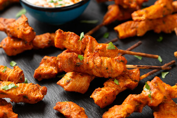 Grilled chicken fillet on skewers with white sauce on rustic stone board