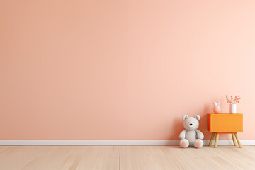 A pastel pink wall and a nightstand. The light is coming into the room. Copy space.