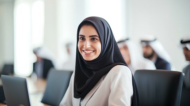 Young happy Arab business woman worker or student sitting at meeting table listening attentively at work office meeting, education training class or conference event. generative AI