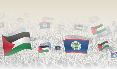 Palestine and Belize flags in a crowd of cheering people.