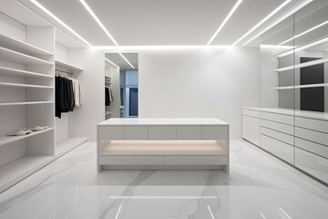 Fototapeta na wymiar A minimalist white dressing room with vacant shelves and a sleek design. Bright LED strips illuminate white cabinetry.