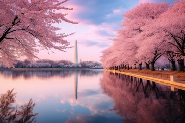 Washington monument with beautiful cherry blossom woods near lake. Spring seasonal concept.