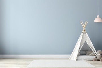 A gentle blue wall in a child's room, and a wigwam, and a hanging lamp, copy space
