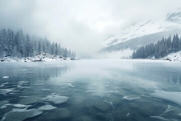 Beautiful lake with foggy Winter forest covered by heavy snow and ice. Winter seasonal concept.