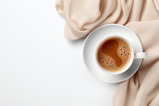 Isolated image of coffee and scarf on white background. Winter seasonal concept.