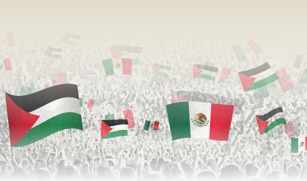 Palestine and Mexico flags in a crowd of cheering people.