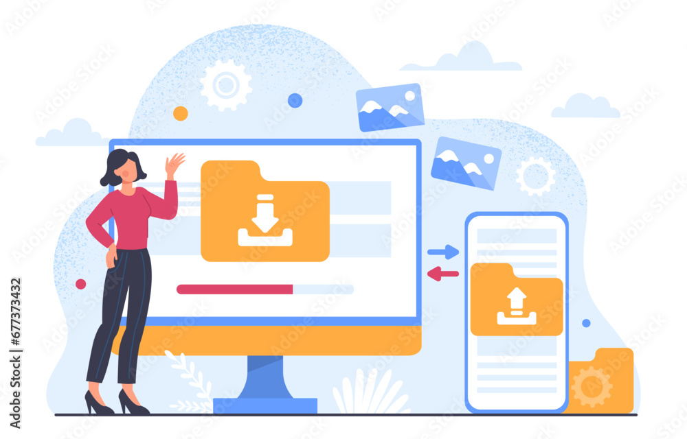 Poster file management concept. woman near computer monitor with folders. synchronization between devices a