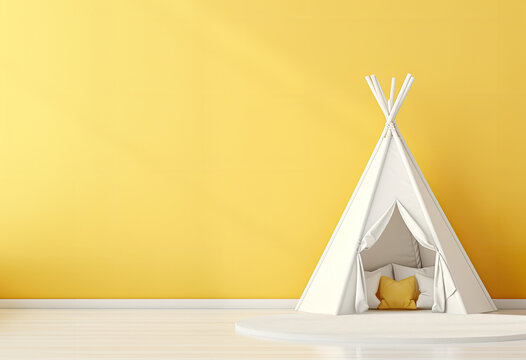 A yellow-coloured wall in a child's room, and a wigwam, copy space