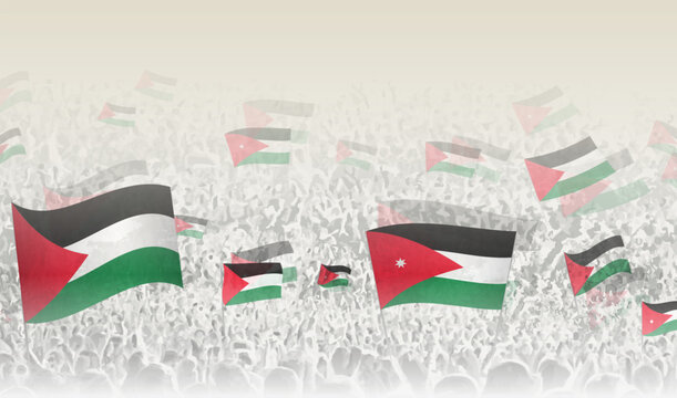 Palestine and Jordan flags in a crowd of cheering people.