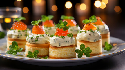 Caviar and Smoked Salmon festive canapes on a plate. Horizontal, close-up, side view.