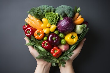 Healthy food for heart, diet concept, Heart shape vegetables in a hand - obrazy, fototapety, plakaty