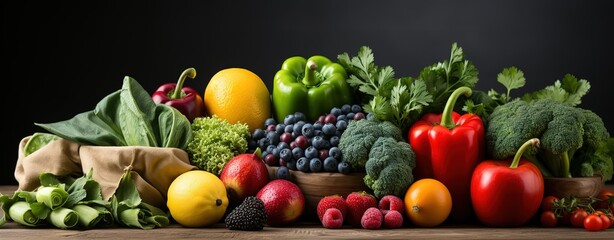 vegetables and fruits arranged in front of a black background, fruits and vegetables