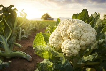 cauliflower on a field - obrazy, fototapety, plakaty