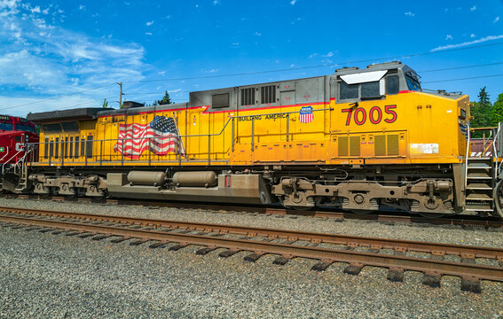 Kalama, Washington, USA - May 20, 2023: Union Pacific locomotive 7005 parked at the railyard